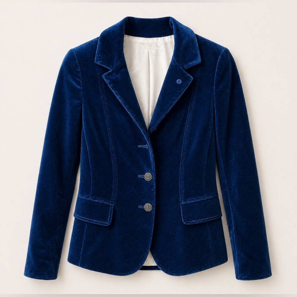 Elegant Navy Velvet Blazer – Tailored Fit, Classic Button Front XS